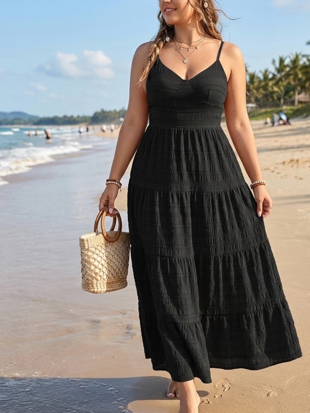 Black Tie Cutout Back Tiered Maxi Dress Textured Cami Sun Dress Plus Size 0X